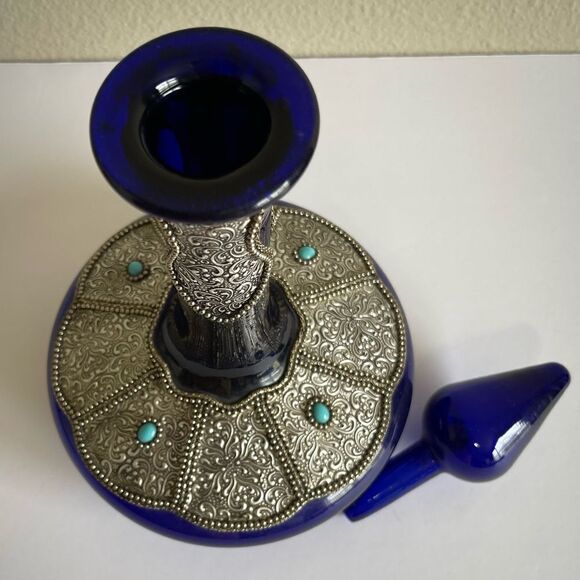 Stunning Cobalt Blue with silver and turquoise accent bottle and plate. - Picture 1 of 8